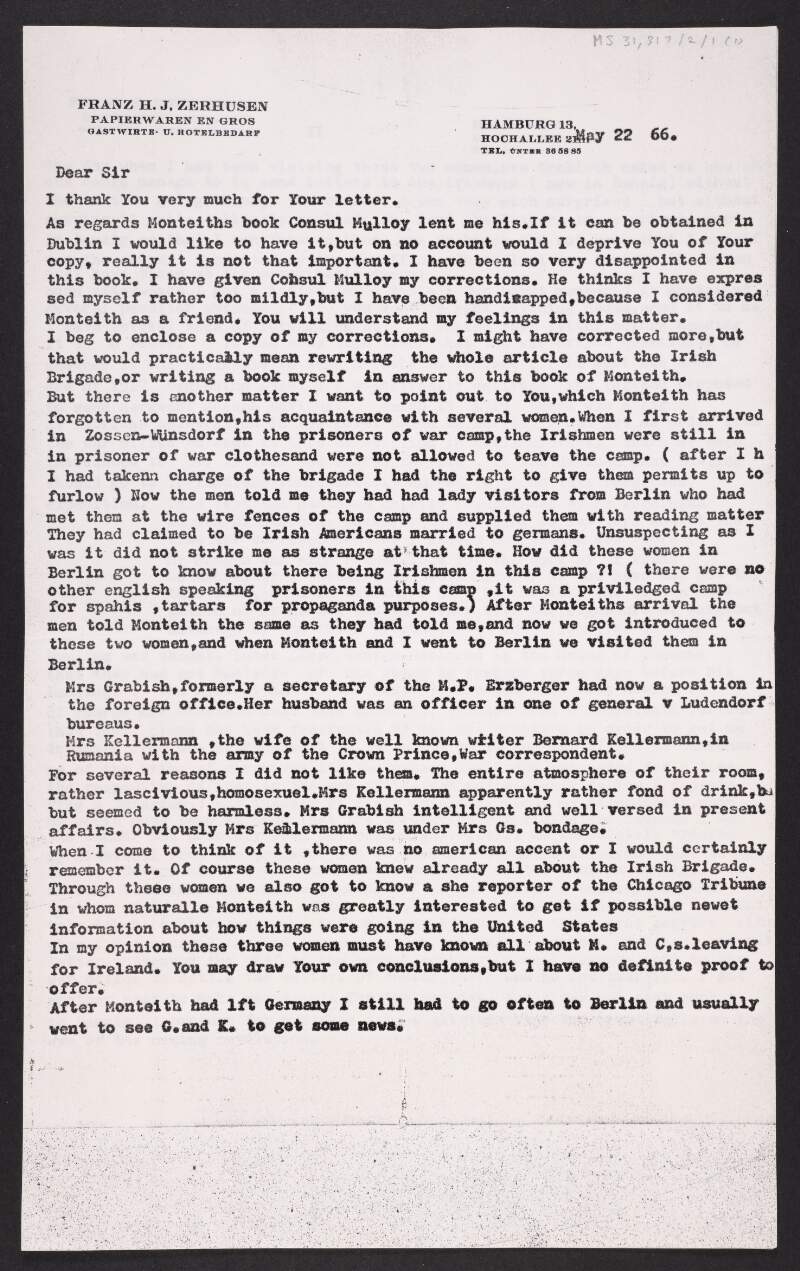Copy letter from Franz H.J. Zerhusen to [Roger McHugh] regarding inaccuracies in Robert Monteith's book 'Casement's last adventure', with correctional notes by Zerhusen,