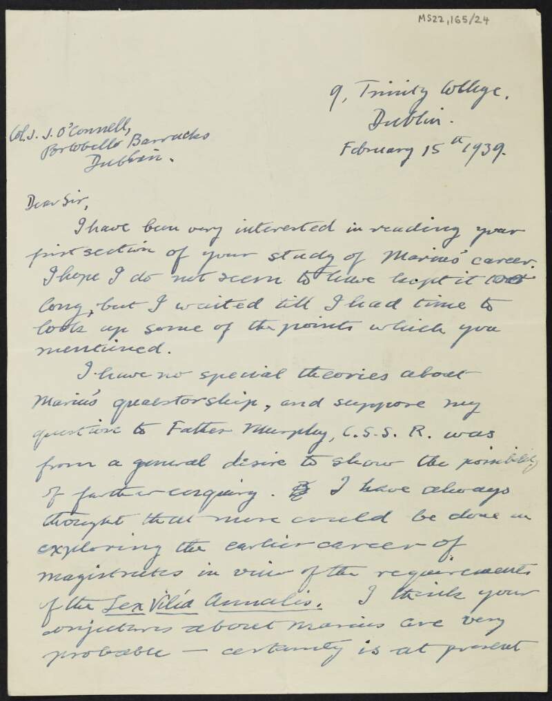 Letter from unidentified author to J.J. O'Connell regarding an unpublished manuscript on Gaius Marius written by O'Connell,