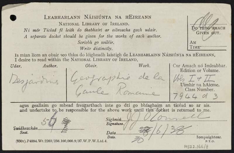 Reader's ticket from the National Library of Ireland for 'Geographie historique et administrative de la Gaule romaine' by Emile A. Desjardins,