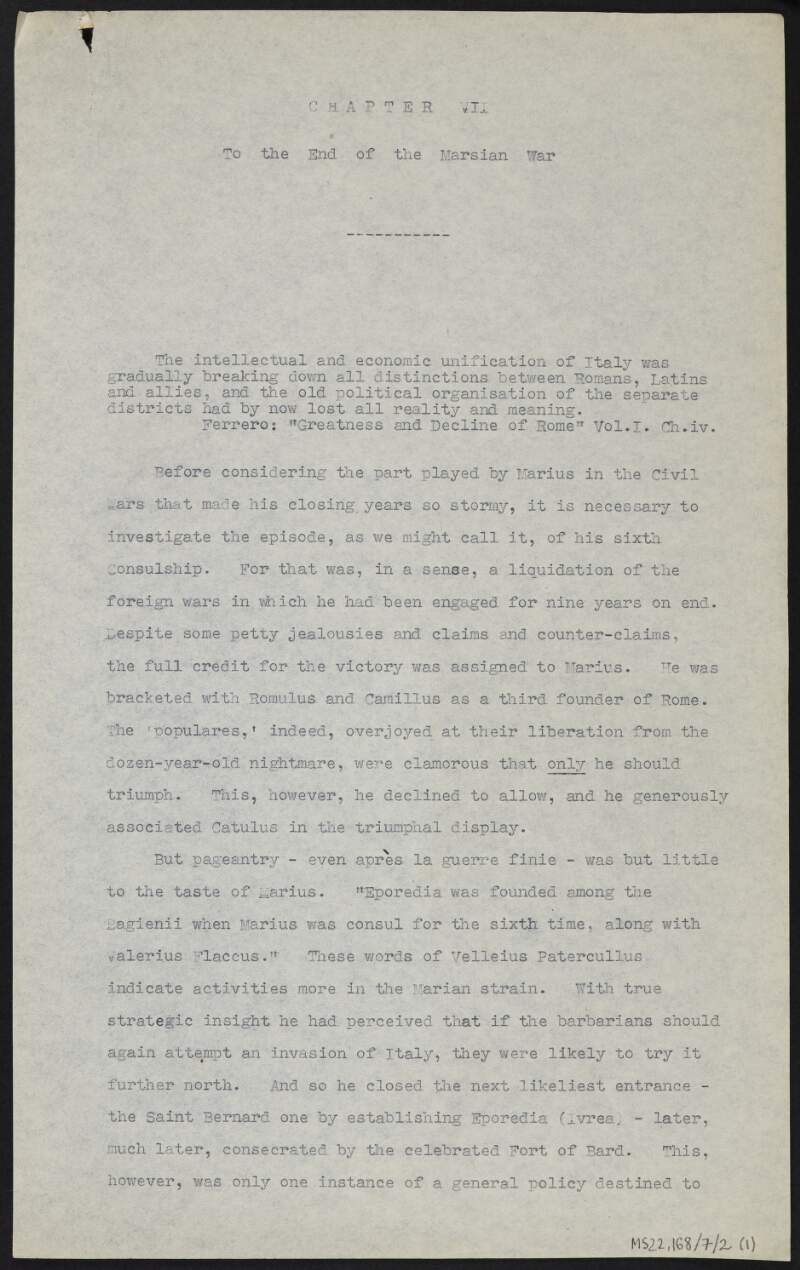 Partial draft of chapter seven titled "To the End of the Marsian War" for biography of Gaius Marius by J.J. O'Connell,