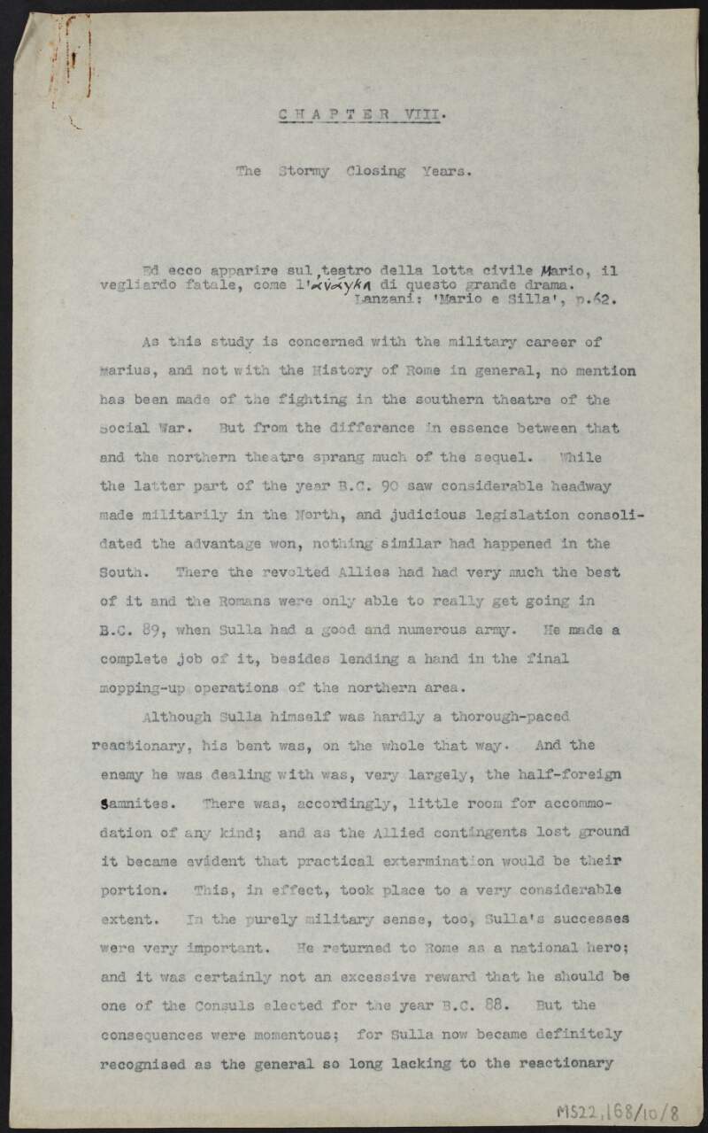 Draft by J.J. O'Connell of chapter eight of biography on Gaius Marius titled "The Stormy Closing Years",