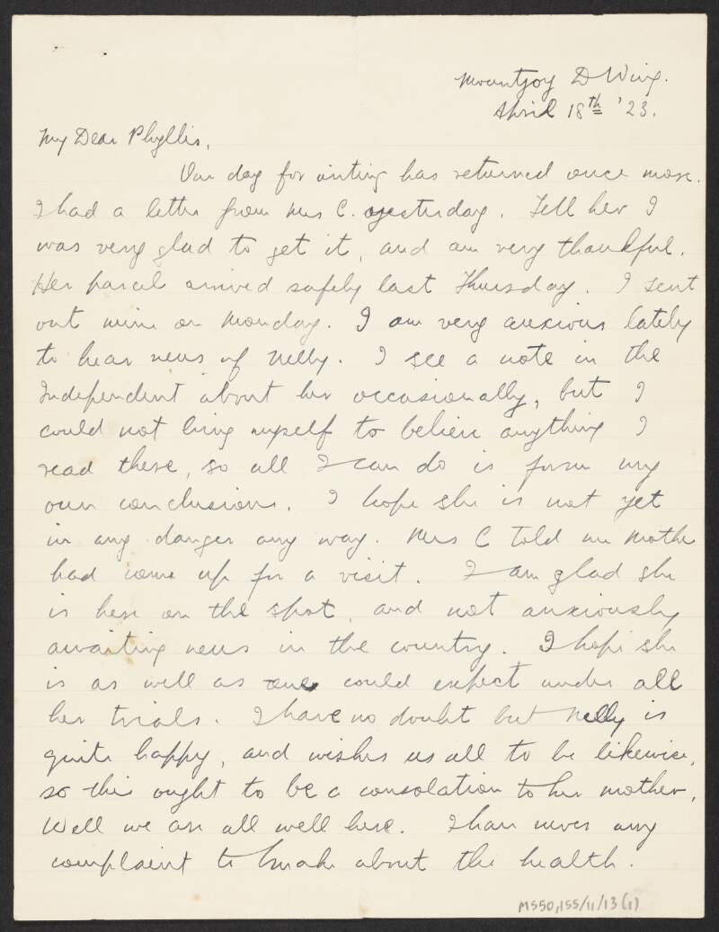 Letter from Dr. James Ryan, Mountjoy Prison, Co. Dublin, to Phyllis Ryan regarding Nell Ryan's hunger strike and asking for news about family,