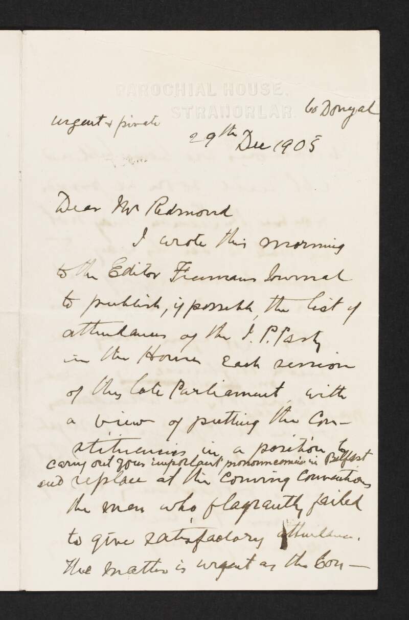 Letter from Charles McGlynn to John Redmond regarding his request for the 'Freeman's Journal' to publish a list of attendances by members of the Irish Parliamentary Party at each session in the House [of Commons],