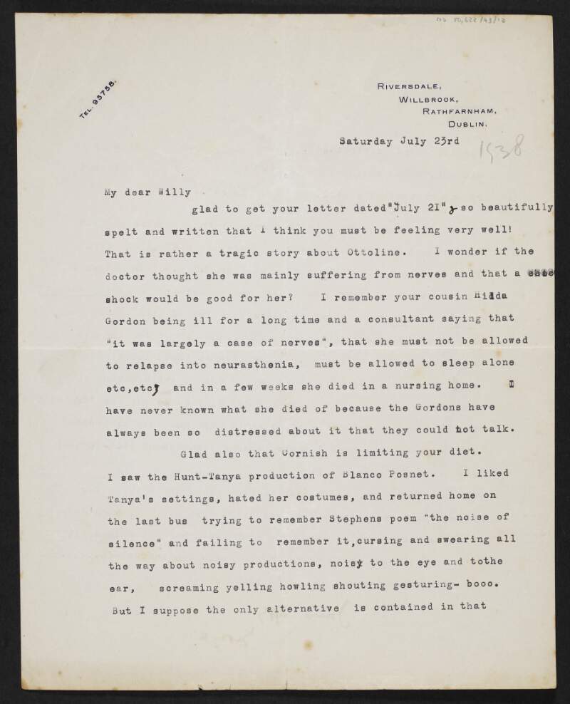Letter from George Yeats, Riversdale, Willbrook, Rathfarnham, Dublin, to W. B. Yeats,