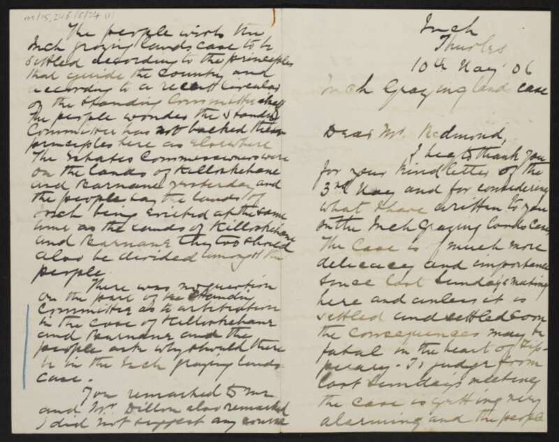 Letter from Reverend E. Ryan, Inch, Thurles, Co. Tipperary, Ireland, to John Redmond, providing an update on the Inch grazing lands case,