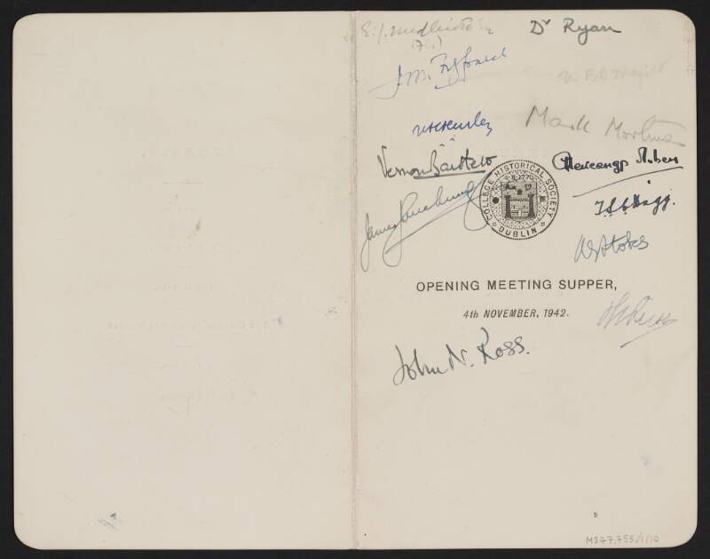 Menu card for an opening meeting supper hosted by the College Historical Society,
