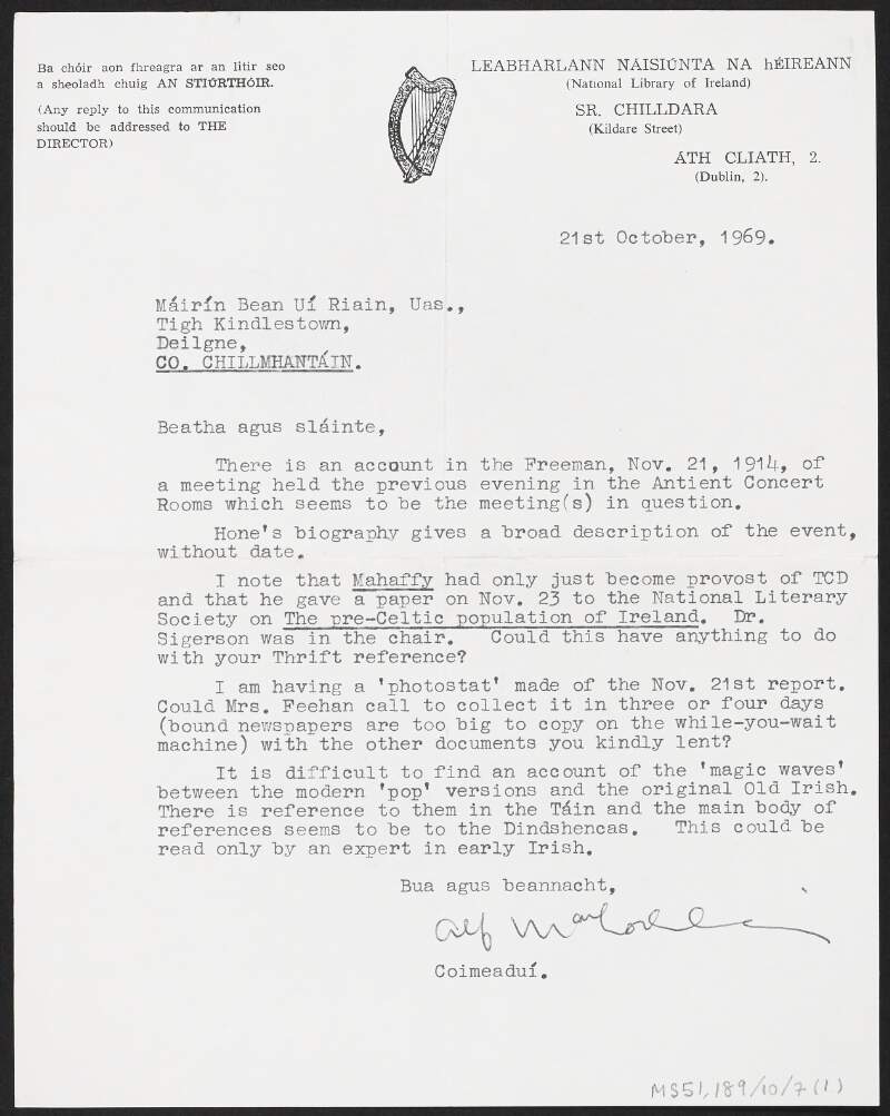 Letter from unidentified author, National Library of Ireland to Máirín (Uí Riain) Cregan, Delgany, Co. Wicklow, regarding copies of newspaper articles on a meeting held in the Antient Concert Rooms, Dublin, in 1914,