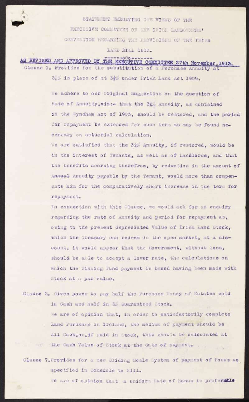 "Statement embodying the views of the Executive Committee of the Irish Landowners' Convention Regading the Provisions of the Irish Land Bill 1913",
