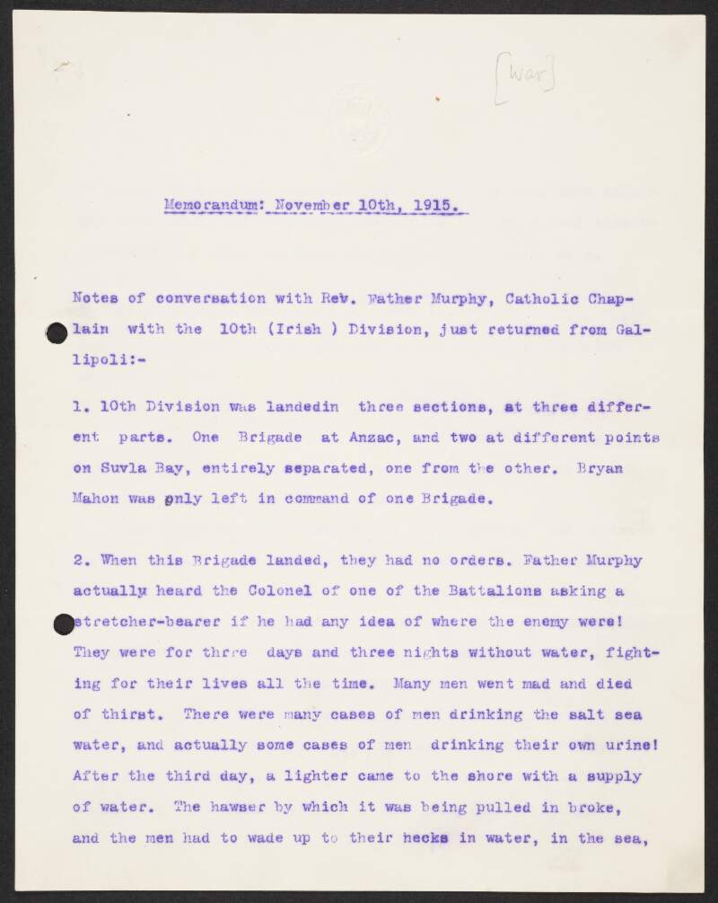 Memorandum by John Redmond on a conversation with Reverend Father Murphy, Catholic Chaplain with the 10th Irish Division, following Murphy's return from Gallipoli,