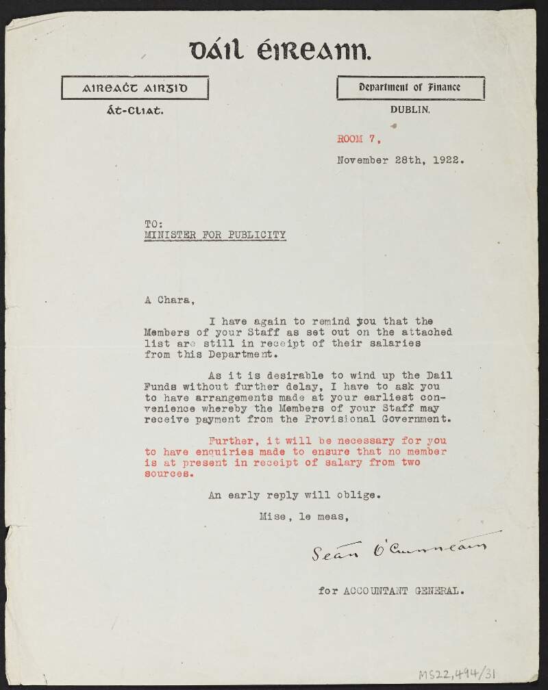 Letter from Seán O'Cuinneáin, Accountant General, Department of Finance, to Desmond FitzGerald, Minister for Publicity, regarding the salaries of those employed in the Publicity Department,