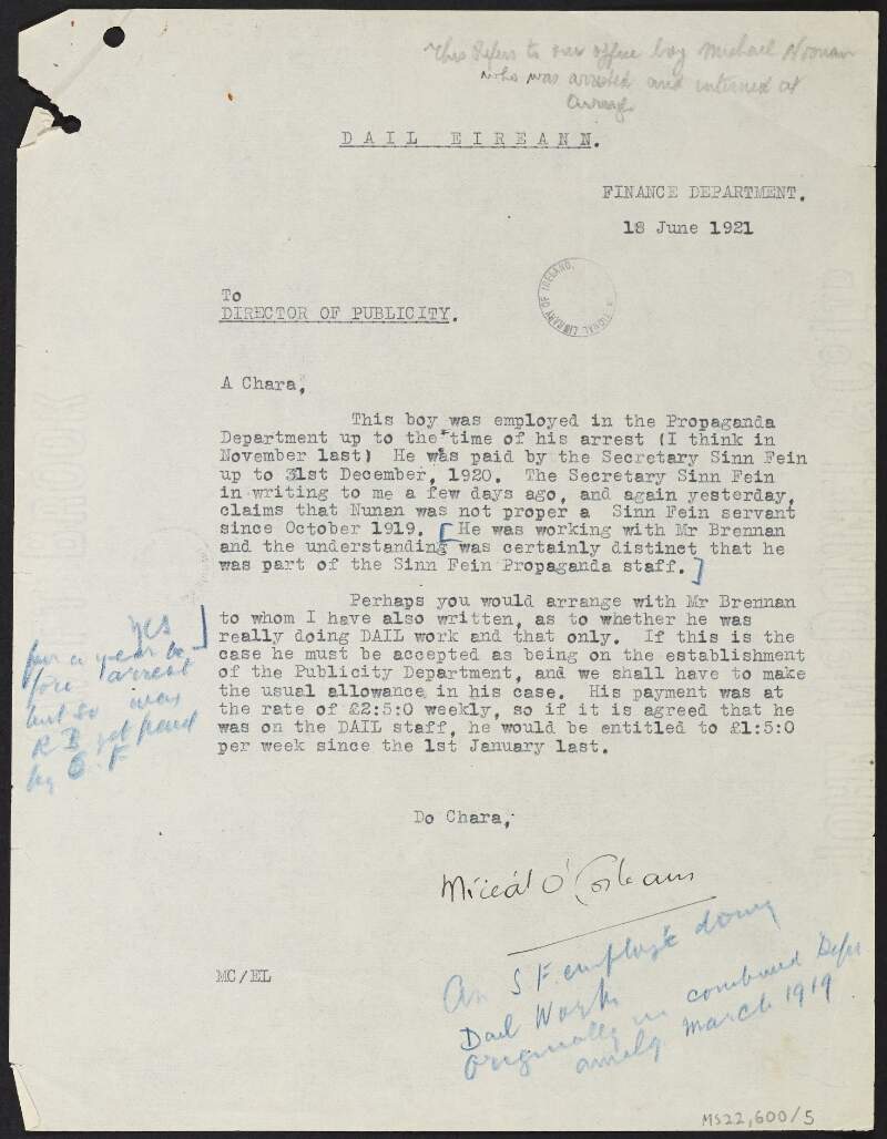 Letter from Michael Collins, Minister for Finance, to Desmond FitzGerald, Director of Publicity, regarding the employment of Michael Noonan in the Propaganda Department,