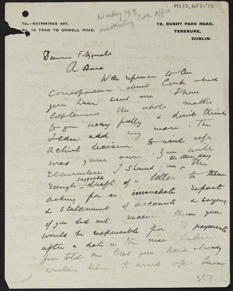 Letter from Erskine Childers, 12 Bushy Park Road, Terenure, Dublin, to Desmond FitzGerald regarding a financial statement that FitzGerald has not received,