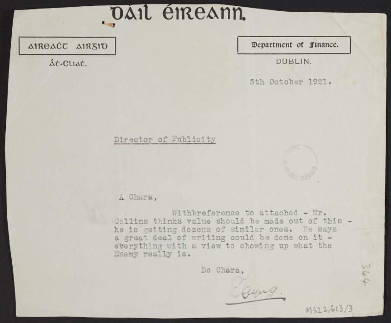 Letter from unidentified author, Department of Finance, to Erskine Childers, Director of Publicity, regarding threatening letters that Michael Collins has received from people in England,