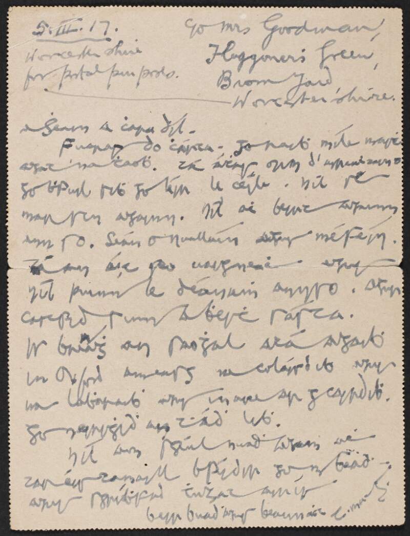 Letter card from Terence MacSwiney, Flaggoner's Green, Bromyard, Worcestershire, England, to Seán T. O'Kelly, 97 St. Aldates Street, Oxford, England, reflecting on his time in prison,