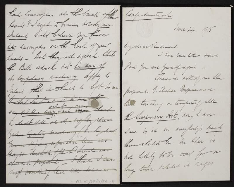 Letter from Augustine Birrell, to John Redmond, on the National Registration Bill and Home Rule,