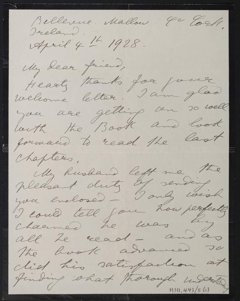 Letter from Sophie O'Brien, Bellevue, Mallow, Co. Cork, to Michael MacDonagh, regarding a book that he is writing on William O'Brien and arranging to meet,