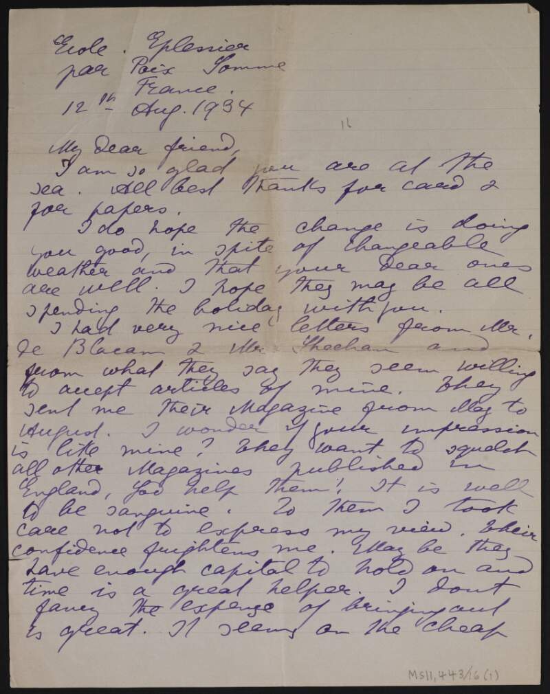 Letter from Sophie O'Brien, École Eplessier, Par Paix, Somme, France, to Michael MacDonagh, regarding her attempt to publish articles,
