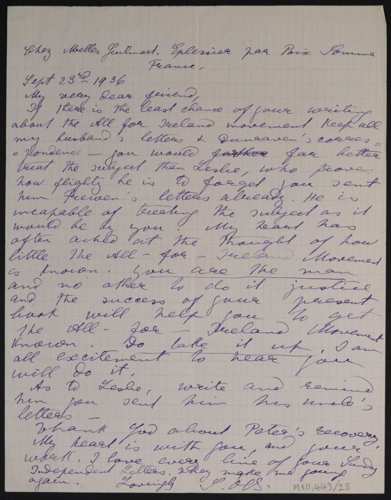 Letter from Sophie O'Brien, Eplessier, Par Paix, Somme, France, to Michael MacDonagh requesting he write about the All for Ireland League to preserve its legacy,