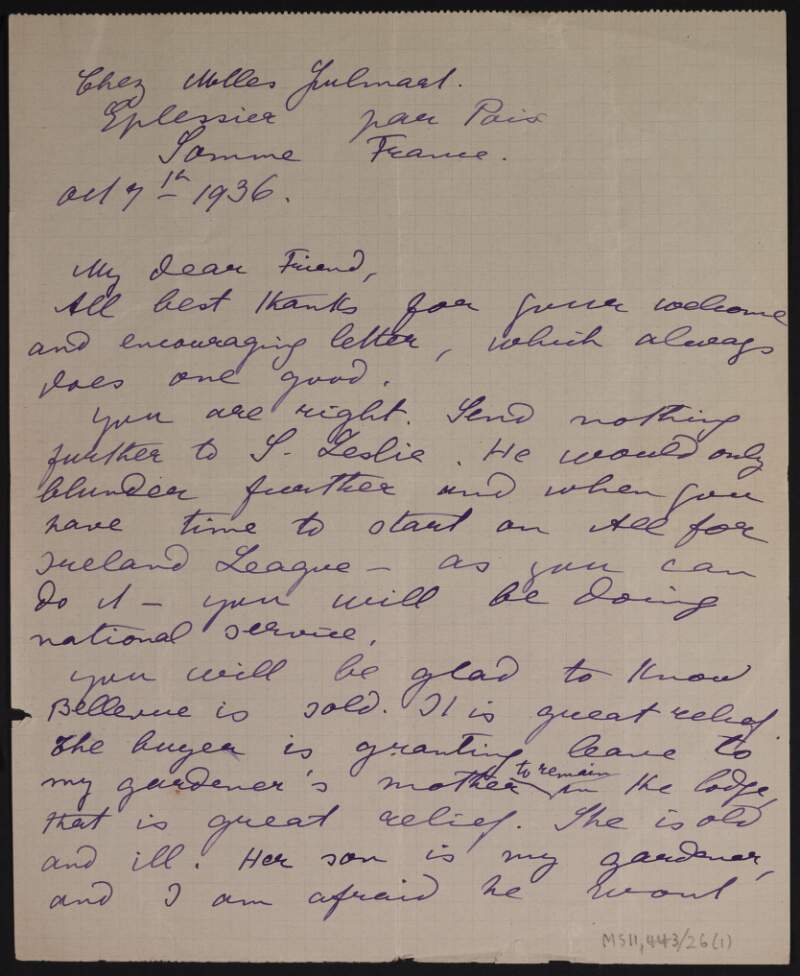 Letter from Sophie O'Brien, Eplessier, Par Paix, Somme, France, to Michael MacDonagh regarding J. F. X. O'Brien and an incident he was allegedly involved in and a speech he gave at the debate of the first Home Rule Bill,