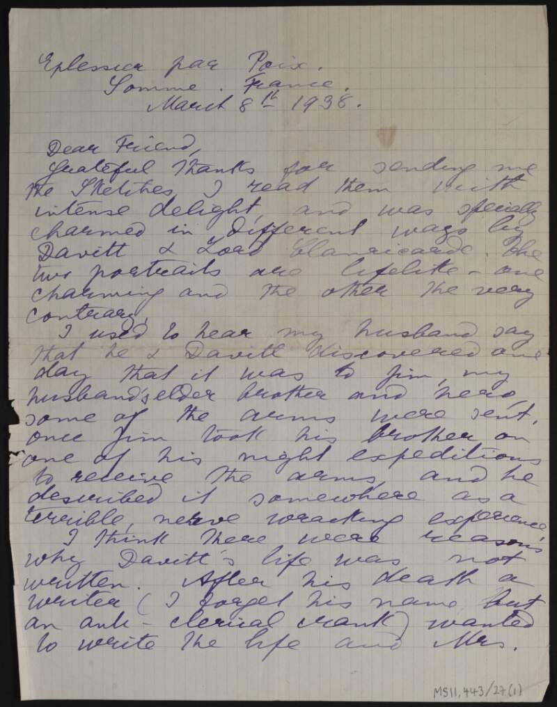 Letter from Sophie O'Brien, Eplessier, Par Paix, Somme, France, to Michael MacDonagh regarding Michael Davitt and his family,
