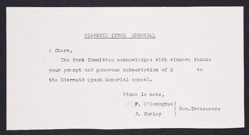 Typescript template receipt for the Diarmuid Lynch Memorial Cork Committee,