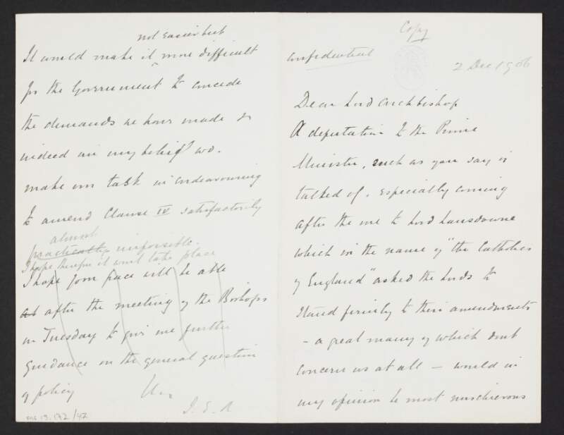 Copy letter from John Redmond, House of Commons, London, to Francis Bourne, Archbishop of Westminster, advising against a deputation, led by the Duke of Norfolk, being sent to the Prime Minister to represent Catholic interests in the Education Bill