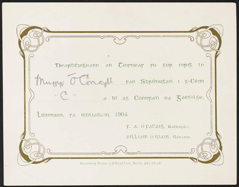 Certificate from the Gaelic League for Maurice O'Connell for an examination he completed,