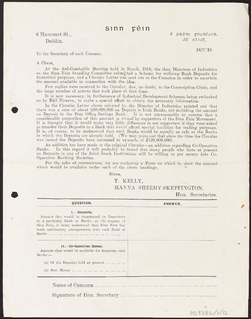 Circular letter from Hanna Sheehy-Skeffington & Tom Kelly, Honorary Secretaries, Sinn Féin regarding nonextant circulars concerning the transfer of deposits from one bank to another, for trading purposes and regarding co-operative banking societies,