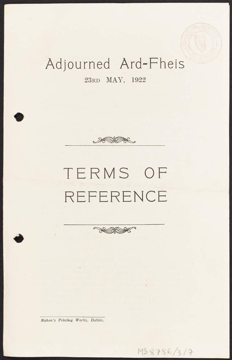 Terms of Reference from the Adjourned Ard Fheis, including a resolution by Éamon De Valera and an amendment by Arthur Griffith,