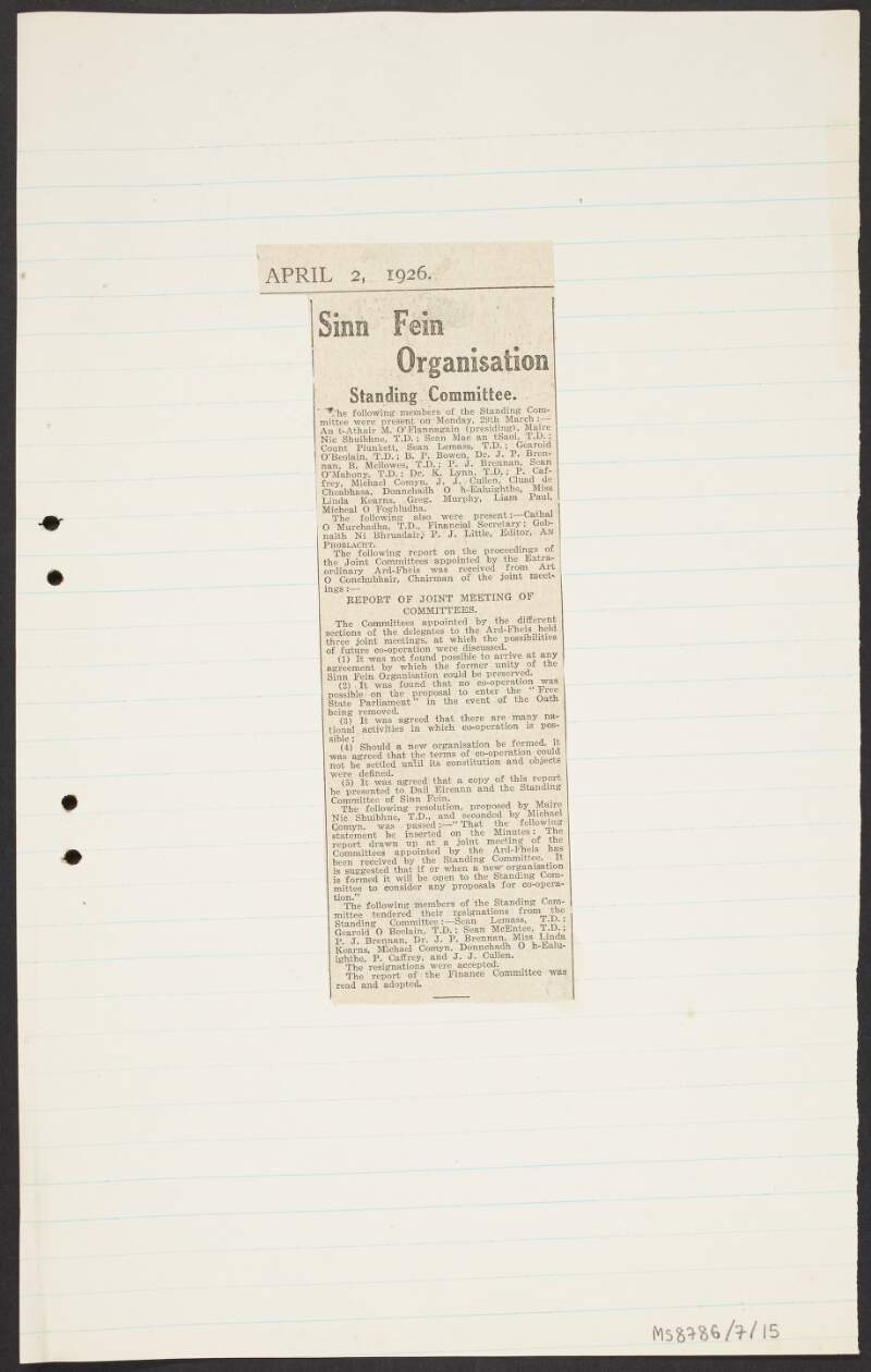 Newspaper cutting from unidentified newspaper regarding a report on proceedings by Art O'Connor, Chairman of the joint meetings, from three joint committee meetings,