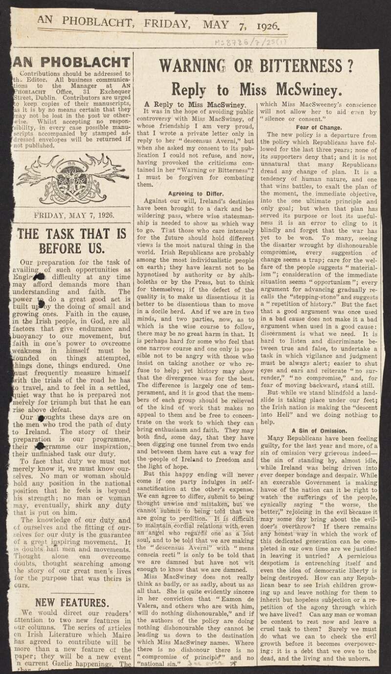 Newspaper cutting from 'An Phoblacht' with an article by Dorothy Macardle titled 'Warning or Bitterness? Reply to Miss McSwiney', regarding an article Mary MacSwiney wrote on Fianna Fáil, also discusses the Oath of Allegiance,