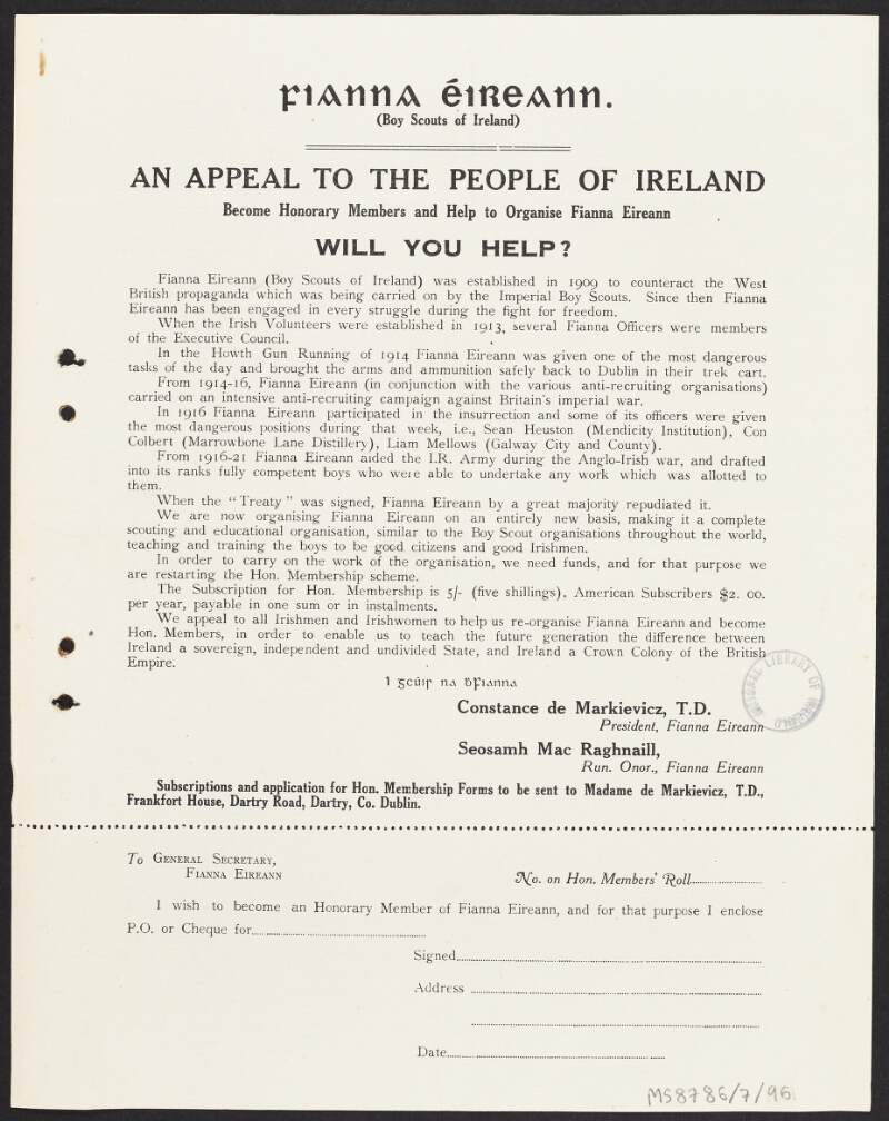 Circular letter from Constance de Markievicz, President, & Seosamh Mac Raghnaill, Honorary Secretary, Fianna Éireann, with an appeal for subscriptions and honorary memberships to the organisation,