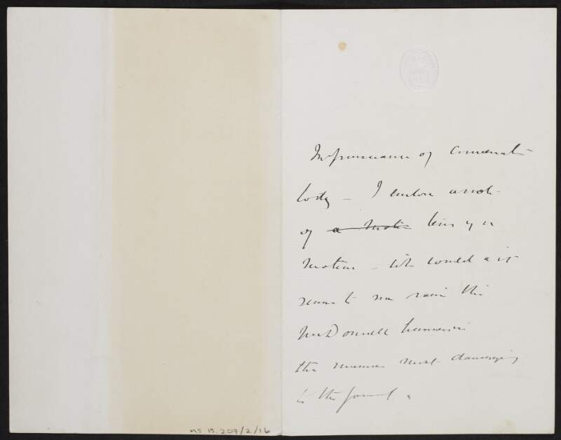 Note by John Redmond, House of Commons, London, regarding a recent speech which he deems to be "a complete surrender to the Orangemen",