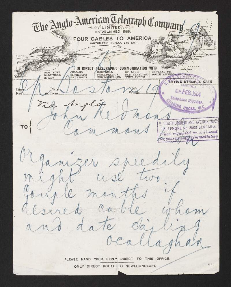 Telegram from John O'Callaghan, Boston, Massachusetts, United States, to John Redmond, regarding the organiser for the American mission,