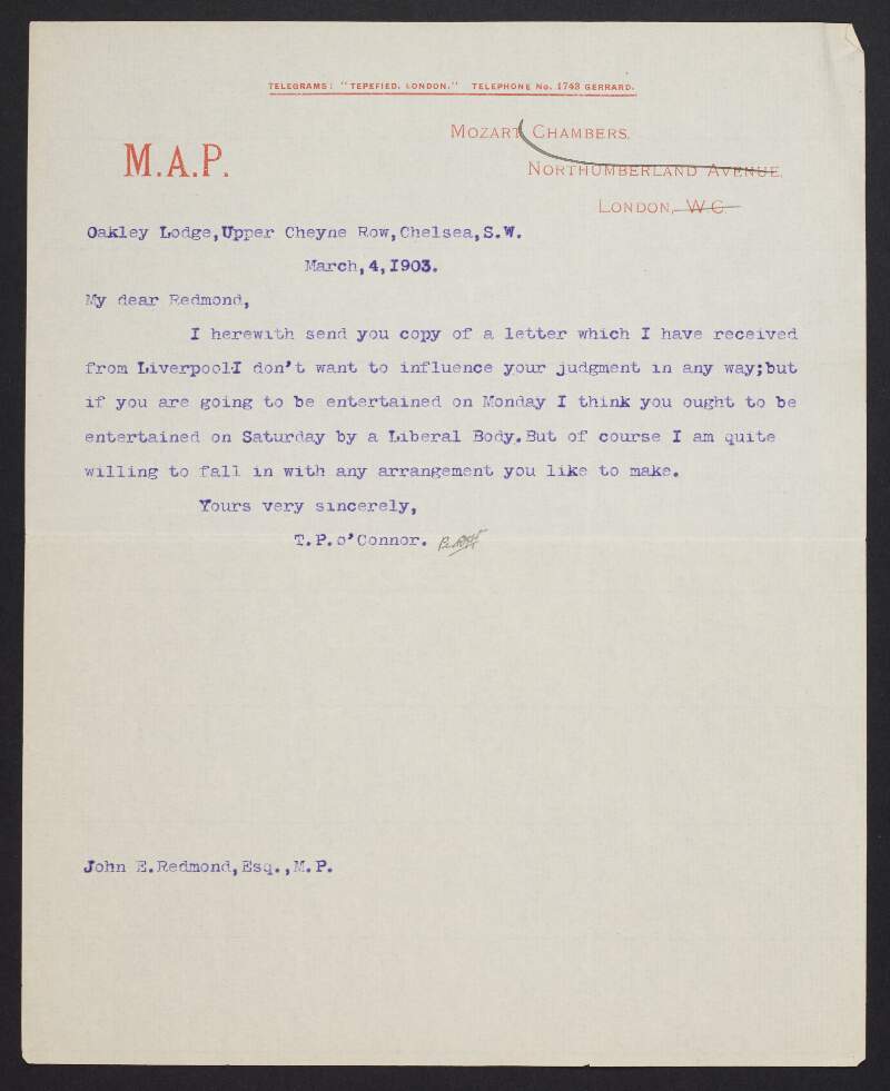 Letter from T. P. O'Connor, London, to John Redmond, enclosing a copy letter from Austin Harford regarding an invitation from the New Century Society of Liverpool for Redmond and O’Connor to visit the city,