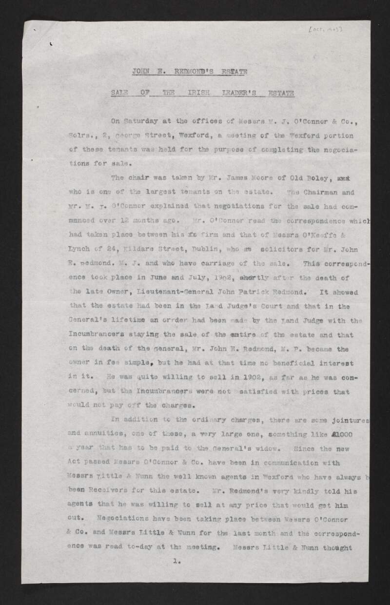 Copy report of a meeting on the sale of John Redmond's estate,