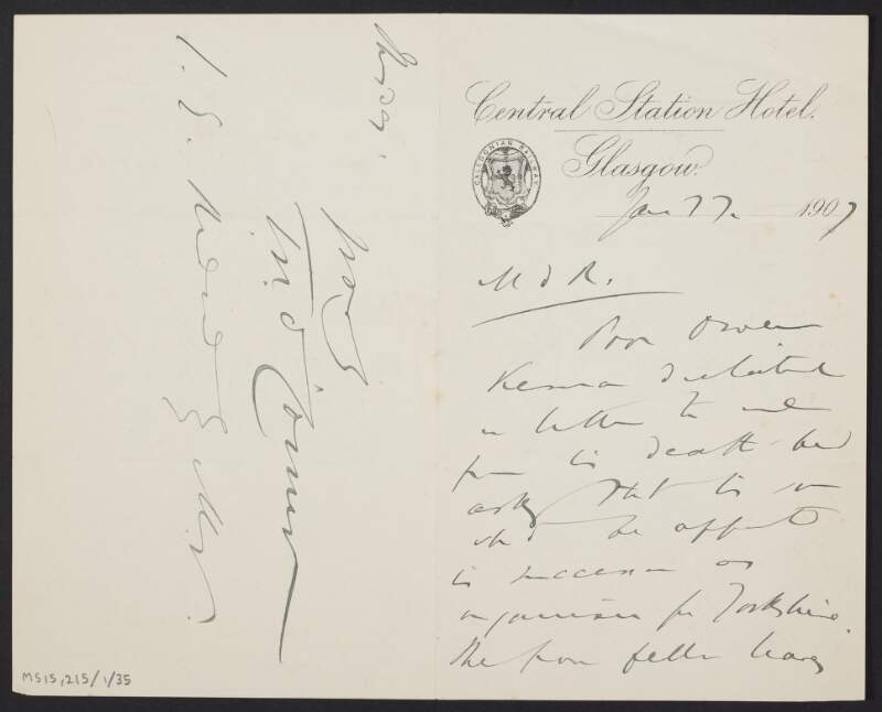 Letter from T. P. O'Connor, Glasgow, Scotland, to John Redmond, regarding the death of an unidentified person,