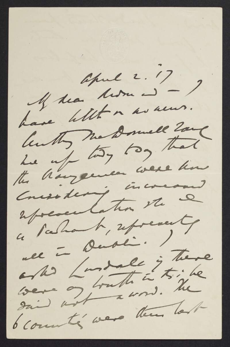 Letter from T. P. O'Connor, House of Commons, London, to John Redmond, regarding Irish representation in Parliament,