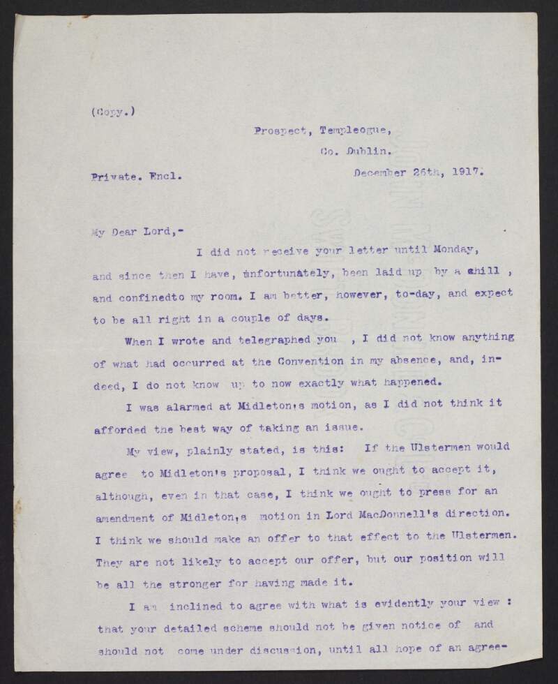 Copy letter from John Redmond, Dublin, to Patrick O'Donnell, regarding what occurred at the Irish Convention and how he felt about a motion proposed by Lord Midleton,
