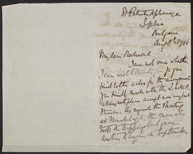 Letter from Pierce O'Mahony, St. Patrick's Orphanage, Sofia, Bulgaria, to John Redmond, regarding hunting at Mucklagh, Co. Offaly,