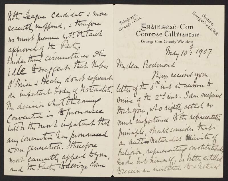 Letter from Pierce O'Mahony, Grangecon, Co. Wicklow, to John Redmond, reminding Redmond that William O'Brien represents one of the most important nationalist constituencies in Ireland,