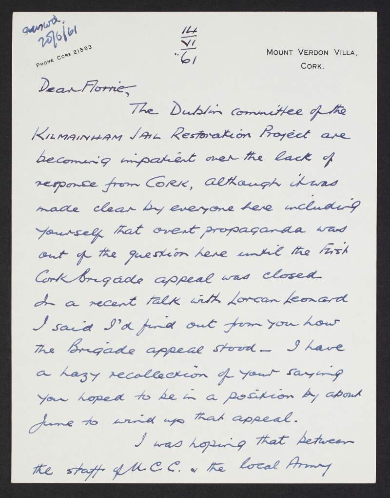 Letter from Seán Neeson, Co. Cork, to Florence O'Donoghue, regarding an appeal Neeson made concerning the Kilmainham Jail Restoration Project, to which he has received no reply,