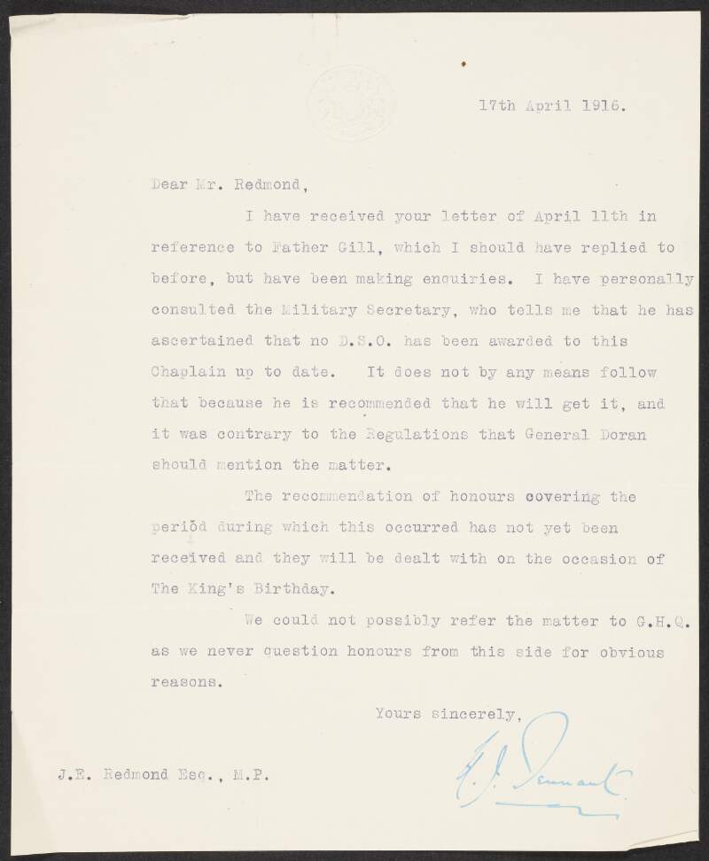 Letter from Harold John Tennant, War Office, to John Redmond, noting that while Father Henry Vincent Gill, S. J., has been recommended for a medal does not mean it will be awarded,